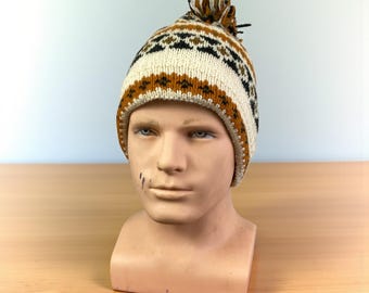 Hand Crafted Handknit Taupe Brown & Ivory Scandinavian Motif Beanie Hat OSFM Handknit Nordic Pattern Beanie. Cream and Brown With Pom-pom  main image 4