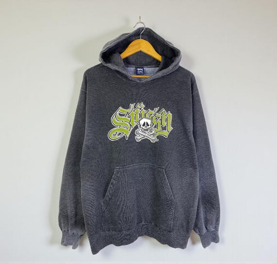 Vintage 90s Stussy Skull and Bones Graffiti Logo Hoodie Charcoal