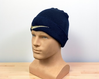Vintage 90s Nike Beanie | Navy Blue Knit Hat Big Gold Swoosh Logo