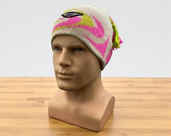Gorro de punto vintage vibrante Descente / Gorro de esquí con remolinos en rosa neón y amarillo / Equipo de nieve de invierno de los años 80 y 90 DKC-100, Gorro multicolor