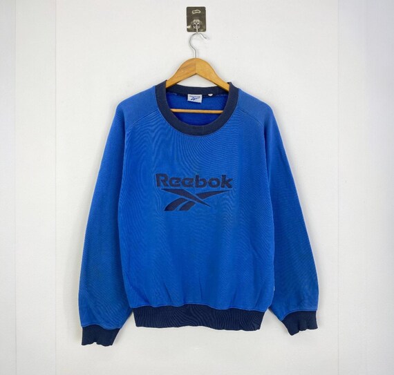 Felpa vintage Reebok con logo blu ricamato, maglione girocollo