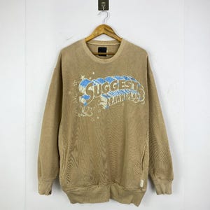 Vintage Japanese Brand Wording Graphic Beige Colour pullover Sweatshirt Vintage Japan Brand Crewneck Distressed Sweatshirt Unisex Size Large