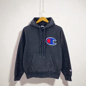 Vintage Champion Black Hoodie with Big Chest Logo Classic American Athletic Wear Cozy Crewneck Champion Plain Hoodie Small Size Unisex
