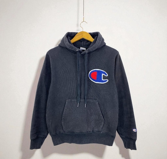 Vintage Champion Black Hoodie With Big Chest Logo Classic American