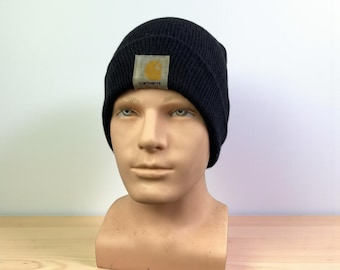 Vintage Carhartt Slouchy Beanie Hat | Black Stained Knit Watch Cap | One Size Workwear Streetwear Winter Cap | Carhartt Workwear Fashion