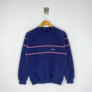 Vintage 90s Adidas Crewneck Sweatshirt - Navy Blue with Red & White Stripes, Embroidered Logo, Cotton, Size Medium Classic Retro Sportswear