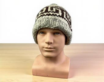 Handknit Nordic Pattern Beanie. Cream and Brown With Pom-pom 