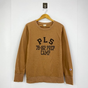 Sudadera vintage Champion &quot;PLS 78-162 Prep Camp&quot;, estilo retro marrón, estilo deportivo, informal, cuello redondo, unisex, talla mediana, ropa de calle.