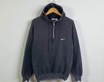 Vintage 90s Nike Mini Embroidery Swoosh Zip Hoodie | Black Heavyweight Pullover Sweatshirt Distressed Streetwear Quarter Zip Hooded Jumper