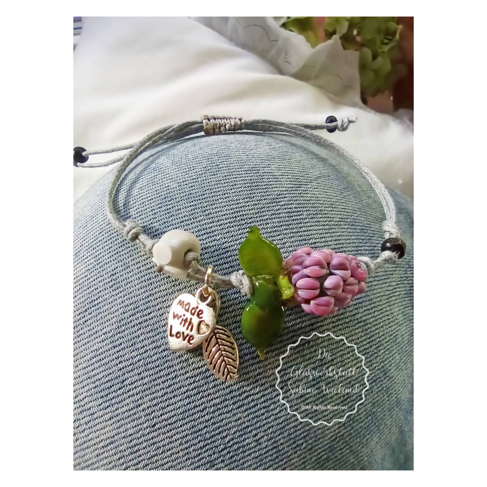 Armband mit Klee Wiesenklee aus Glas, verstellbar, handgemachte Glaskunst aus Muranoglas