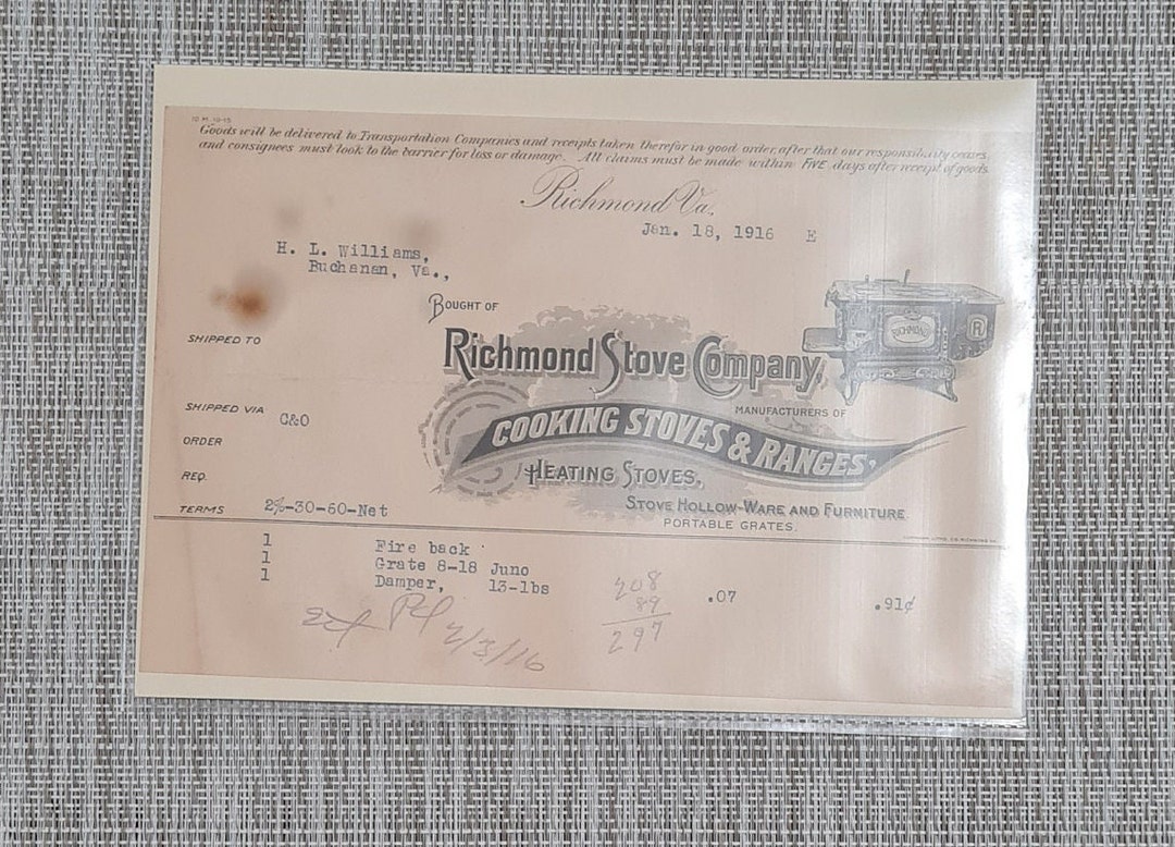 Richmond Stove Company Receipt From Feb. 3, 1916 - Etsy