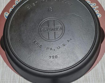 RARE! Griswold #13 720 Cast Iron Skillet Slant Logo & Heat Ring Erie PA.