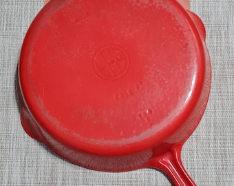 Griswold #8 P/N 704 'I' Makers Mark flamingo red porcelain with cream lining cast iron skillet