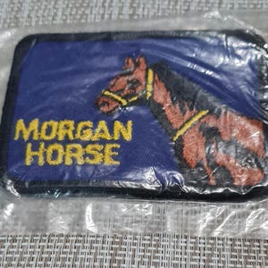 May include: A blue and yellow embroidered patch with a brown horse and the text "MORGAN HORSE".