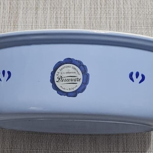 May include: A light blue ceramic casserole dish with a dark blue rim and handles. The dish has a decorative floral emblem and the text "DescoWare" on the front. Two blue floral designs are on the sides.