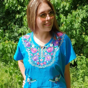Blue cotton blouse, hand embroidered, original from Chiapas, Mexico
