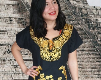 Mexican black cotton dress, hand embroidered, original from Oaxaca