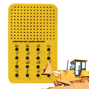May include: A yellow Construction Sound Machine with black icons and text. The machine has a grid of holes at the top and a series of buttons with construction vehicle and tool icons. A yellow bulldozer is in the background.