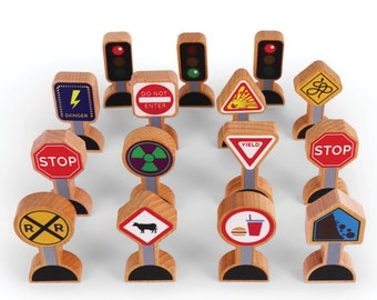 Zany Traffic Signs - 15 Pieces - Wooden Street Signs for Play Mats, Toy Trains and Cars -Train Track Accessories - Zany Trains Series 2