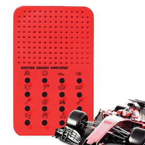 May include: A red Racing Sound Machine with a grid of holes and black buttons. The text "RACING SOUND MACHINE" is printed on the device. A red and black race car is in the background.