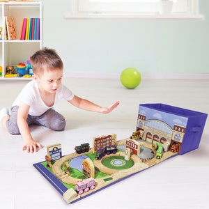 Train Storage Bin and Play Mat - Wooden Railway Toy Storage Box with Train Tracks - Two in One Collapsible Toy Car Garage Station Fabric