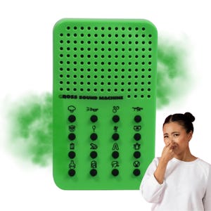 May include: A bright green Cross Sound Machine with black buttons and icons. The text "CROSS SOUND MACHINE" is printed on the device. A woman is holding her nose in disgust next to a cloud of green gas.