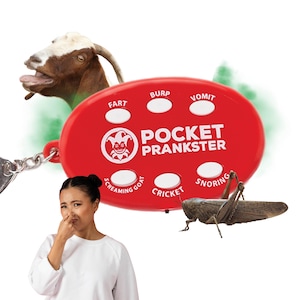 May include: A red Pocket Prankster keychain with sound effects, including fart, burp, and vomit. A goat and a grasshopper are also in the image, along with a person holding their nose.