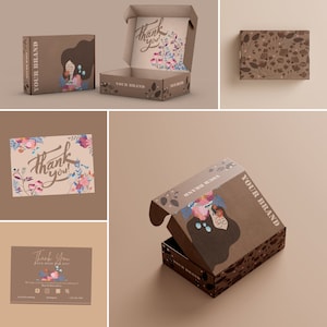 Kit de marca neutral, plantilla de diseño de empaque con diseño floral para mujer, caja de correo para suscripción, tarjeta de agradecimiento, inserto femenino abstracto para pequeñas empresas