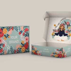 Szablon projektu opakowania produktów do pielęgnacji ciała dla kobiet Floral Woman, niestandardowe pudełko do wysyłki subskrypcji, zestaw do brandingu kwiatów dla małych firm z branży kosmetycznej