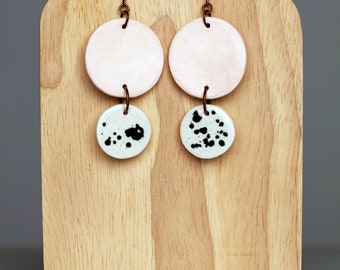 Ceramic Dangle Earrings with Ink Spots, Pink Terra Sigillata, & Antique Brass hooks