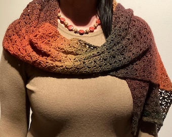 Crochet Lace Wool Scarf: Gradient Orange Yellow Autumn Shawl