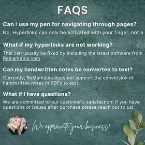 May include: A green and white graphic with the text "FAQs" in large white letters. The graphic features four questions and answers about using a ReMarkable tablet. The text includes the phrase "It's Remarkable" and a logo of a stylized letter "R".