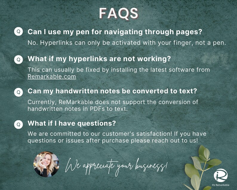 May include: A green and white graphic with the text "FAQs" in large white letters. The graphic features four questions and answers about using a ReMarkable tablet. The text includes the phrase "It's Remarkable" and a logo of a stylized letter "R".