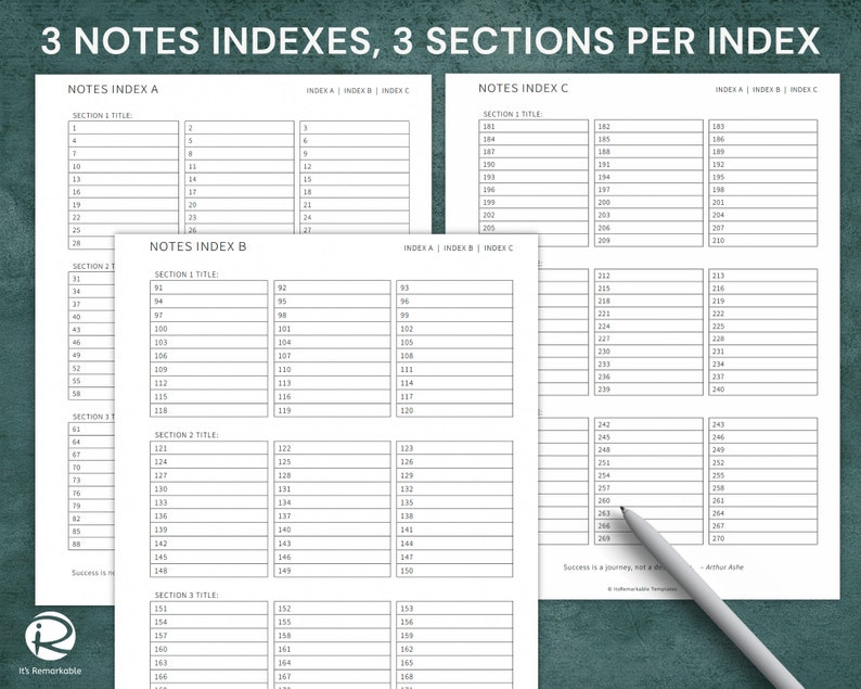 May include: A printable notes index template with three sections per index. The template is designed for note-taking and organization. The template is divided into three sections, each with a title and numbered lines for writing notes.