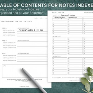 May include: A printable table of contents for a notebook index. The table of contents is divided into three sections: Index A, Index B, and Index C. Each section has a list of notes with corresponding page numbers. The table of contents also includes a section for personal notes with two sub-sections: Spring Projects and Meditations.
