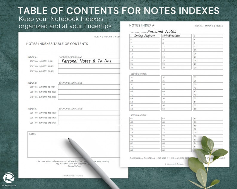 May include: A printable table of contents for a notebook index. The table of contents is divided into three sections: Index A, Index B, and Index C. Each section has a list of notes with corresponding page numbers. The table of contents also includes a section for personal notes with two sub-sections: Spring Projects and Meditations.