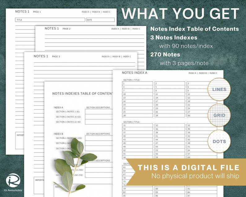 May include: A printable digital download for a notes index table of contents. The table of contents includes three indexes with 90 notes per index, totaling 270 notes. The notes are organized into sections with titles and descriptions. The download also includes three pages of lined, grid, and dotted notes.