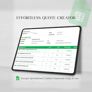 May include: A digital tablet displaying a quotation document titled EFFORTLESS QUOTE CREATOR. The document includes fields for quote ID, date, customer information, and a table listing items like SEEP, SIK, LCPS, PSMB, and SMA with quantities and prices.