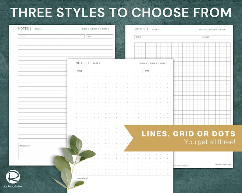 May include: Three printable note pages with different styles: lined, grid, and dotted. Each page has a title, date, and index sections. The text "LINES, GRID OR DOTS You get all three!" is displayed in a gold banner.