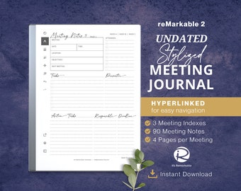 reMarkable 2 template | Meeting Journal Stylized, undated, elegant meeting notes, meeting agenda, minutes, instant download