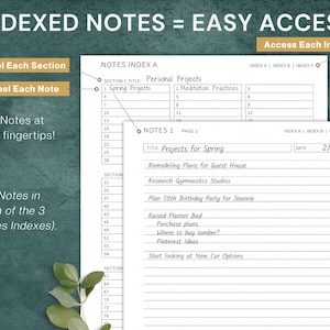 May include: A printable planner page with a green background and white text. The page is titled "Indexed Notes = Easy Access" and includes three sections: "Notes Index A", "Notes 1", and "Index A | Index B | Index C". The page is designed to help users organize their notes and ideas.