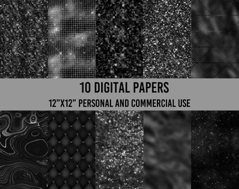 May include: Ten digital papers in black and white with various textures, including glitter, sequins, and geometric patterns. The papers are 12 inches by 12 inches and are for personal and commercial use.