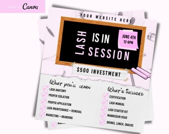 Könnte beinhalten: Ein rosa-weißer Flyer mit dem Text "LASH IS IN SESSION" auf einer schwarzen Tafel. Der Flyer wirbt für einen Wimpern-Trainingskurs für 500 $. Der Kurs beinhaltet eine Zertifizierung, ein Wimpern-Handbuch, ein Wimpern-Starter-Set, einen Übungskopf und Getränke, Mittagessen und Snacks. Der Kurs findet am 4. Juni von 12 bis 18 Uhr statt.