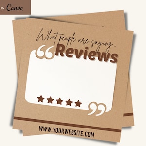 以下が含まれることがあります： 茶色の紙のカードに、茶色の文字で「What people are saying... Reviews」と書かれています。カードには、白い吹き出しの中に白い星が5つと、茶色の文字で「99」と書かれています。カードの下部には茶色の線が引かれており、茶色の文字で「www.yourwebsite.com」と書かれています。