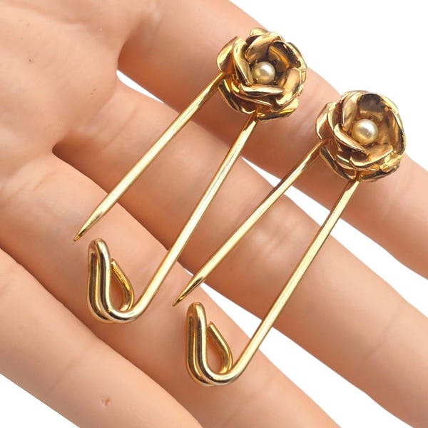 Vintage Brooch Safety Pins Set Of Two Floral Design Seed Bead Gold Tone SKU 3515