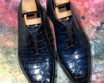 mannen stijlvolle schoenen Handgemaakte lederen mannen marineblauw gearceerde krokodil getextureerde lederen veterschoenen Schoenen Herenschoenen Loafers & Instappers 