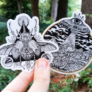 Black & White Vinyl Sticker Pack for Water Bottle, Laptop, Car, Unique Art, Weird Art, Alien, UFO, Beetle, Bug Lover, Insect Art, Trippy