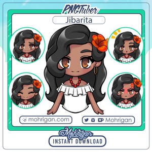 Puede incluir: Una ilustración digital de un personaje de dibujos animados con piel morena, cabello negro y una flor roja en el pelo. Lleva una blusa blanca de hombros descubiertos con cuentas rojas alrededor del cuello. El personaje se muestra en diferentes expresiones, incluyendo feliz, triste y enojado. El texto "Jibarita" se muestra sobre el personaje.