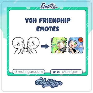 Può includere: Illustrazione digitale con "YCH FRIENDSHIP EMOTES" in stile cartone animato. L'immagine mostra un disegno a tratto di due figure che si indicano a vicenda, trasformandosi in due personaggi colorati in stile anime. L'immagine include il sito web mohrigan.com e i social media.