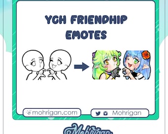 Könnte beinhalten: Digitales Kunstwerk mit "YCH FRIENDSHIP EMOTES" im Cartoon-Stil. Das Bild zeigt eine Strichzeichnung von zwei Figuren, die aufeinander zeigen und sich in zwei farbenfrohe Charaktere im Anime-Stil verwandeln. Das Bild enthält die Website mohrigan.com und Social-Media-Handles.